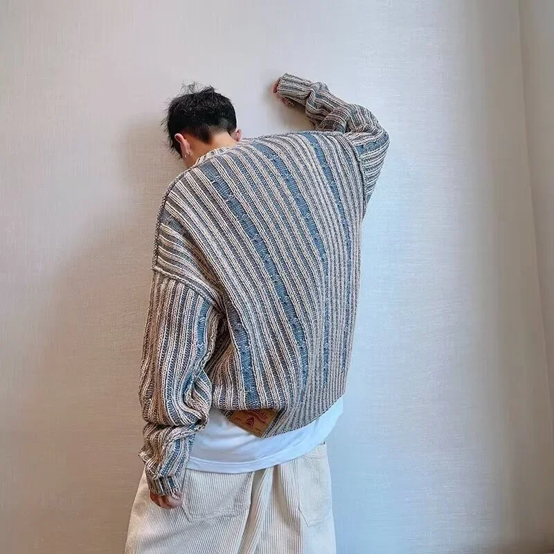 Осенний полосатый вязаный свитер для мужчин корейская мода уличная одежда