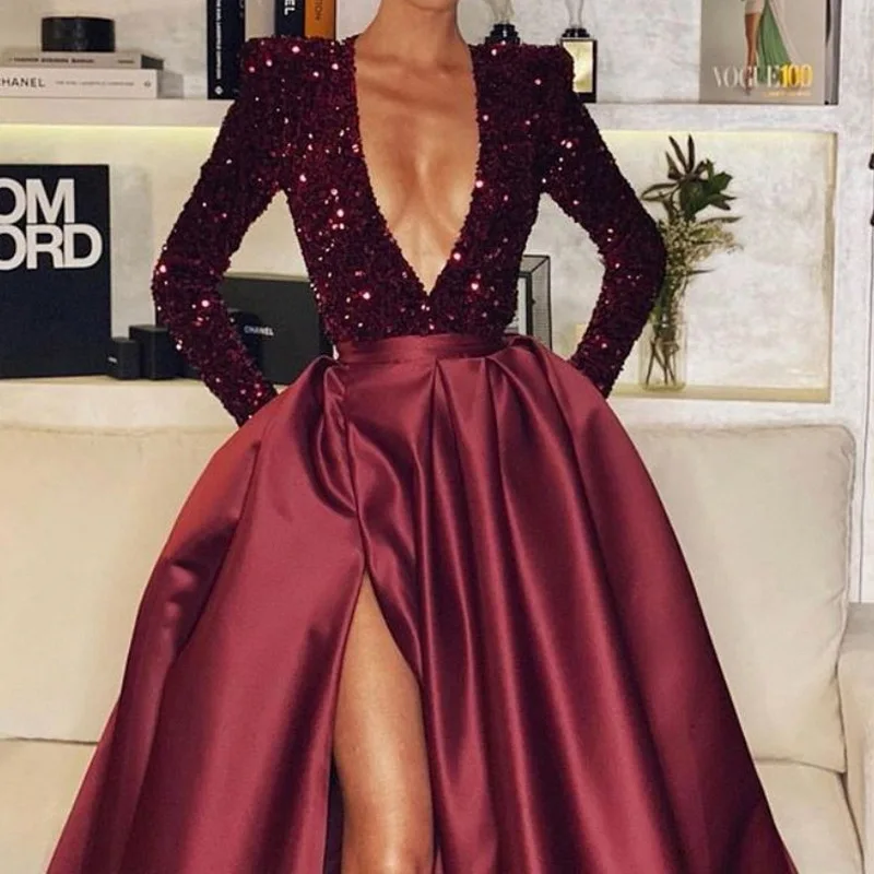 2022 Women Elegant Prom Dress Sexy High Quality Sequined Deep V Neck Long Sleeve Evening Dresses