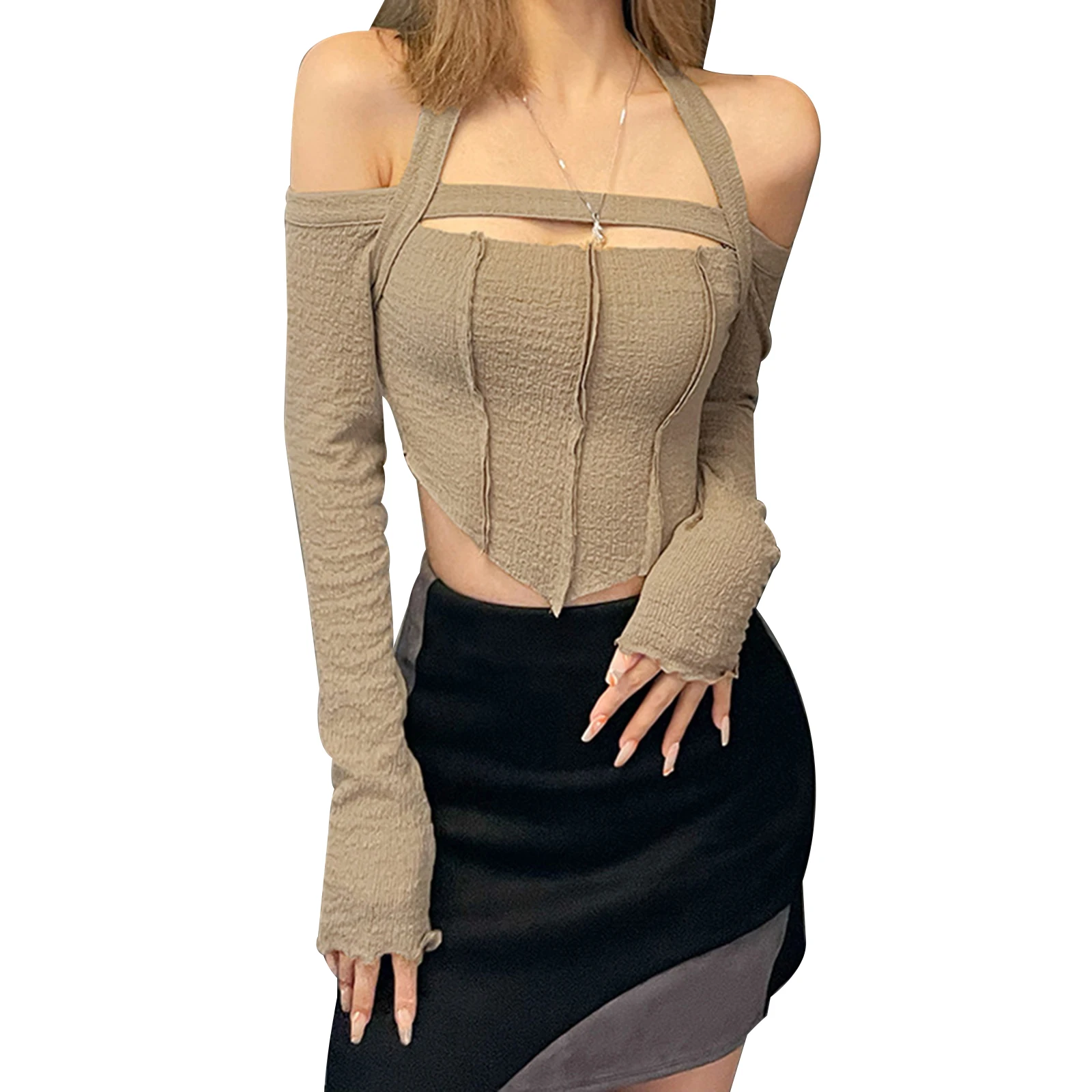 

Autumn Women Casual Long Sleeve T-shirt Fashion Solid Color Boat Neck Halter Exposed Navel Tops
