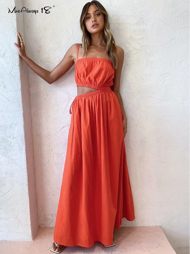 

Mnealways18 Casual Hollow Out Sexy Women Straps Dress Vacation Lace-Up Strapless Midi Dress Orange Loose Sling Dress Summer 2022