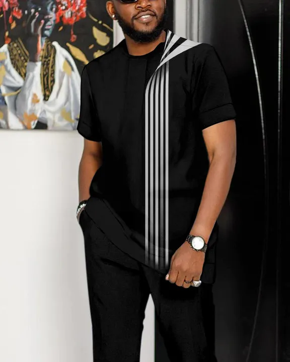 New Hot Selling Summer Men Sports Suit Striped Sweatshirt T-shirt + Trousers 2-piece Set Oversized Trousers Suit Casual Men Suit