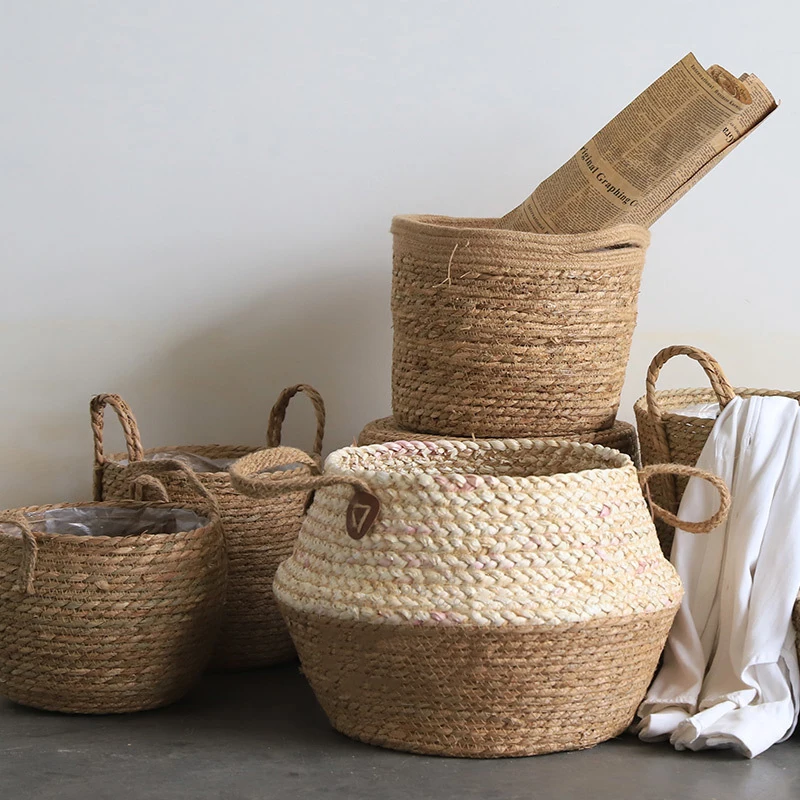 

LuanQI Seaweed Basket With Handle Hand-made Foldable Plant Flower Pot Wicker Clothes Toy Storage Holder Organizer Rattan Basket