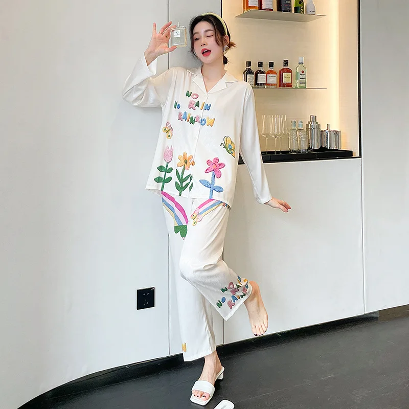 Pajamas women's new long-sleeved trousers imitation silk suit sweet home clothes women pajamas