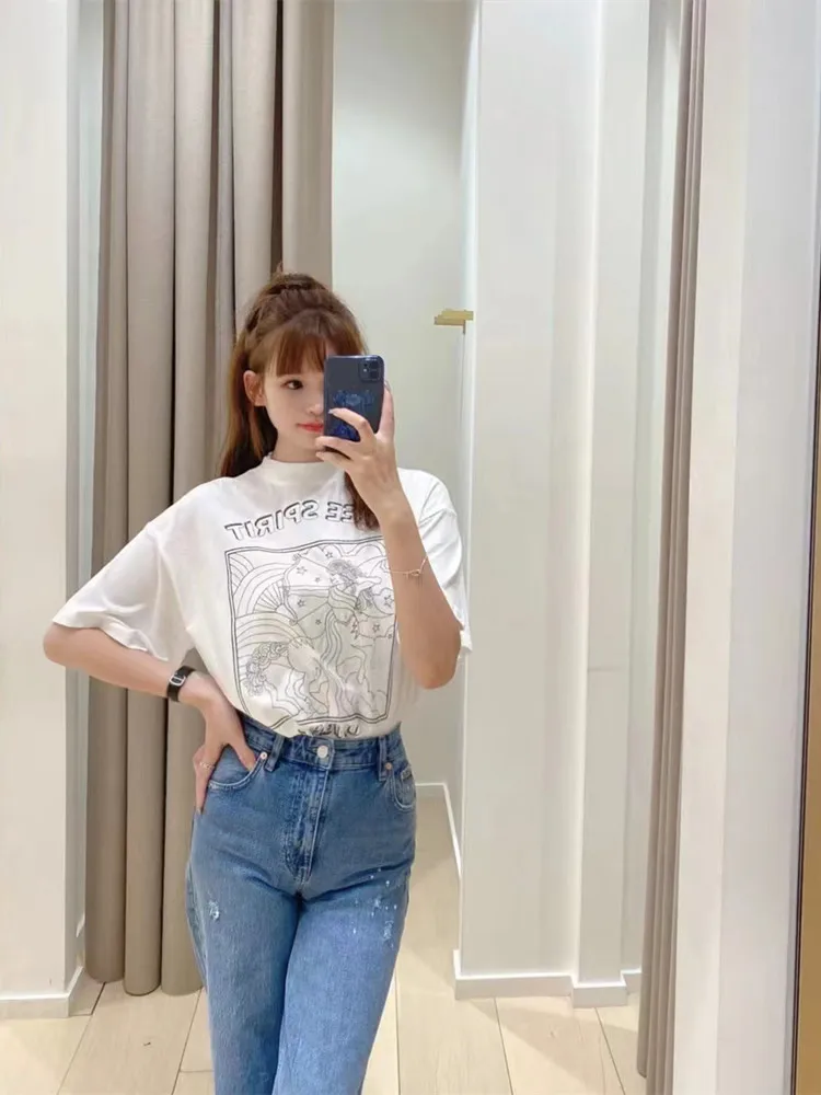 

100% Cotton Women White Short Sleeve Tee Tops Summer New Female Letter Print Casual All-match O-Neck T-Shirts