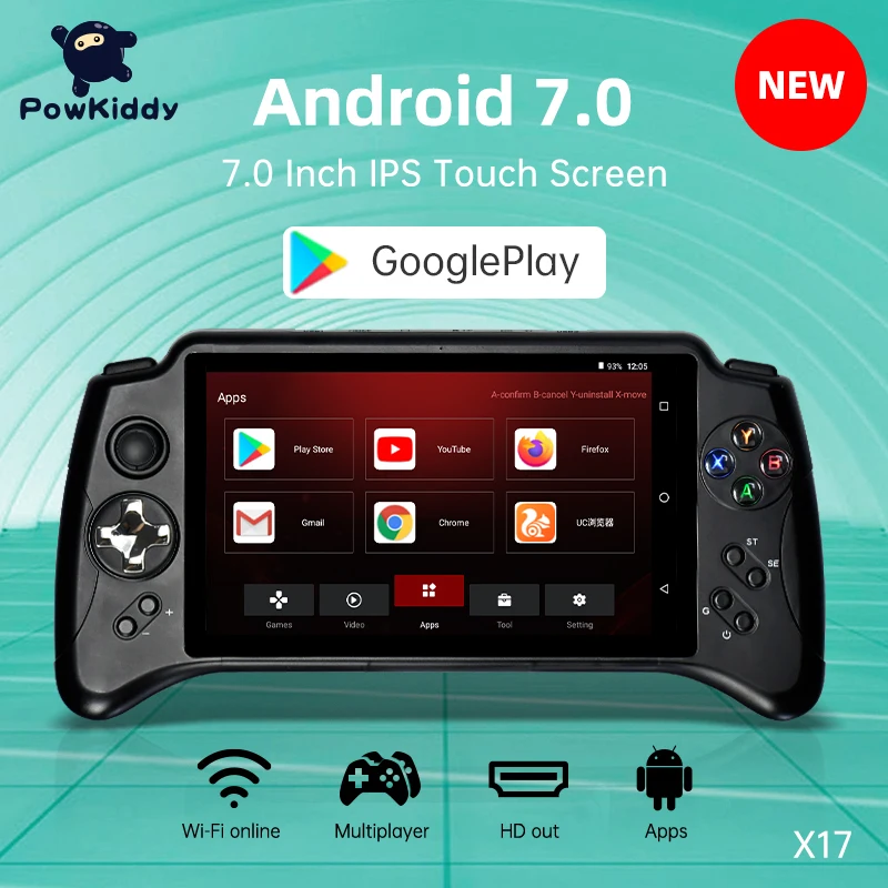 

Игровая консоль POWKIDDY X17, Android 7,0, 7-дюймовый IPS сенсорный экран, MTK 8163 четыре ядра, 2 Гб ОЗУ 32 Гб ПЗУ, игровые ретро-приставки