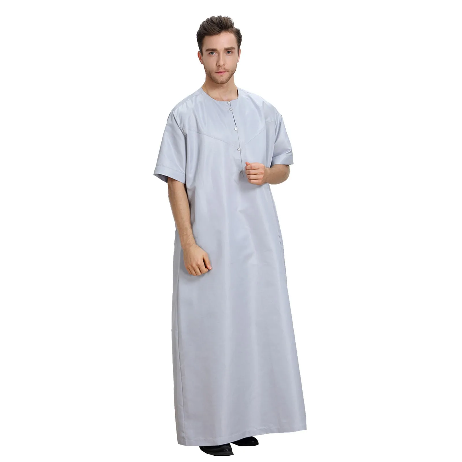 Men's Casual Muslim Arab Middle Solid Color Round Neck Short Sleeve Robe Chemise Solid Shirts