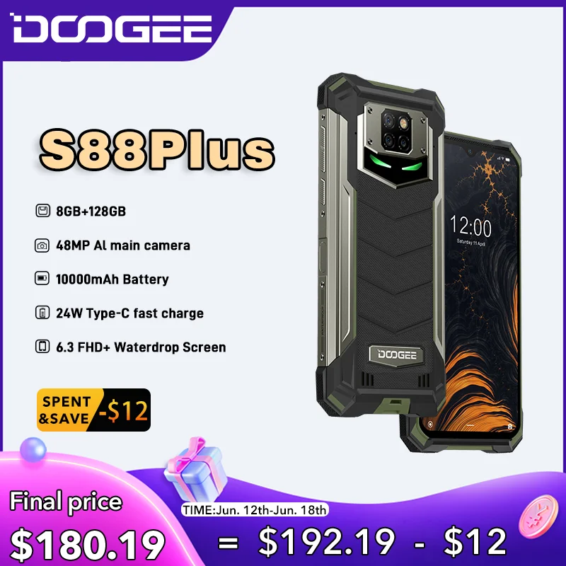 DOOGEE S88 Plus Rugged SmartPhone 48MP Main Camera 8GB RAM 128GB ROM IP68/IP69K smart phone Android 10 OS Global version