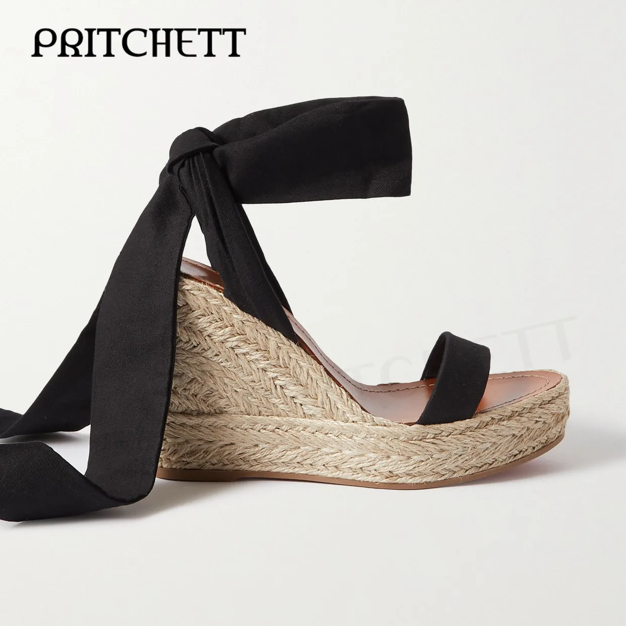 White Cotton Canvas Espadrille Wedge Sandals Round Toe Wedge High Heel Sandals Temperament Comfortable Ankle Strap Women's Shoes