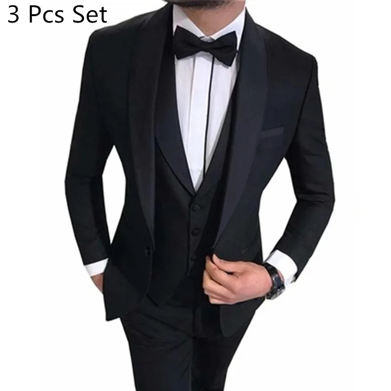 White Slit Mens Suits 3 Piece Black Shawl Lapel Casual Groom Tuxedos For Wedding Groomsmen Suits Men 2022 (Blazer+Vest+Pant)