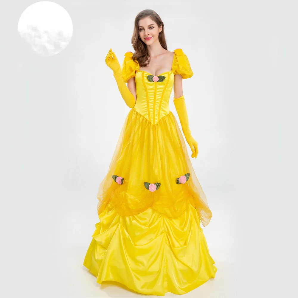 

Женский костюм принцессы на Хэллоуин, желтое платье до пола, женский костюм для косплевечерние Вечернее Бальное Платье, Платье макси для ве...