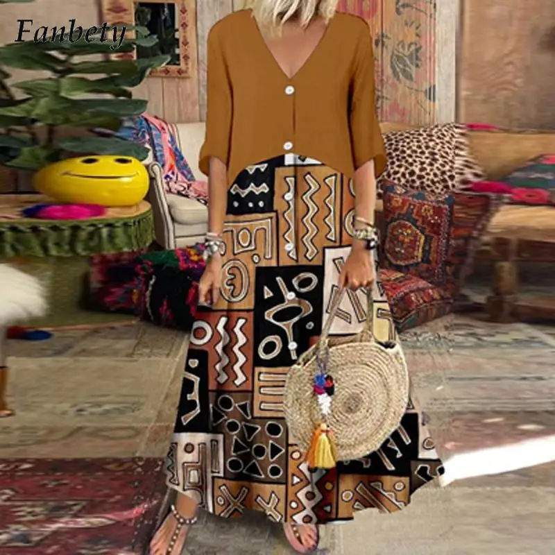 

Women Fashion Pattern Print Party Dress 2022 Summer Elegant V Neck Button Dress Ladies Autumn Casual Short Sleeve Beach Dresses