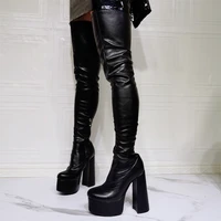 woman knee high heel platform shoes sexy elegant pu leather winter modern black pink boots big size