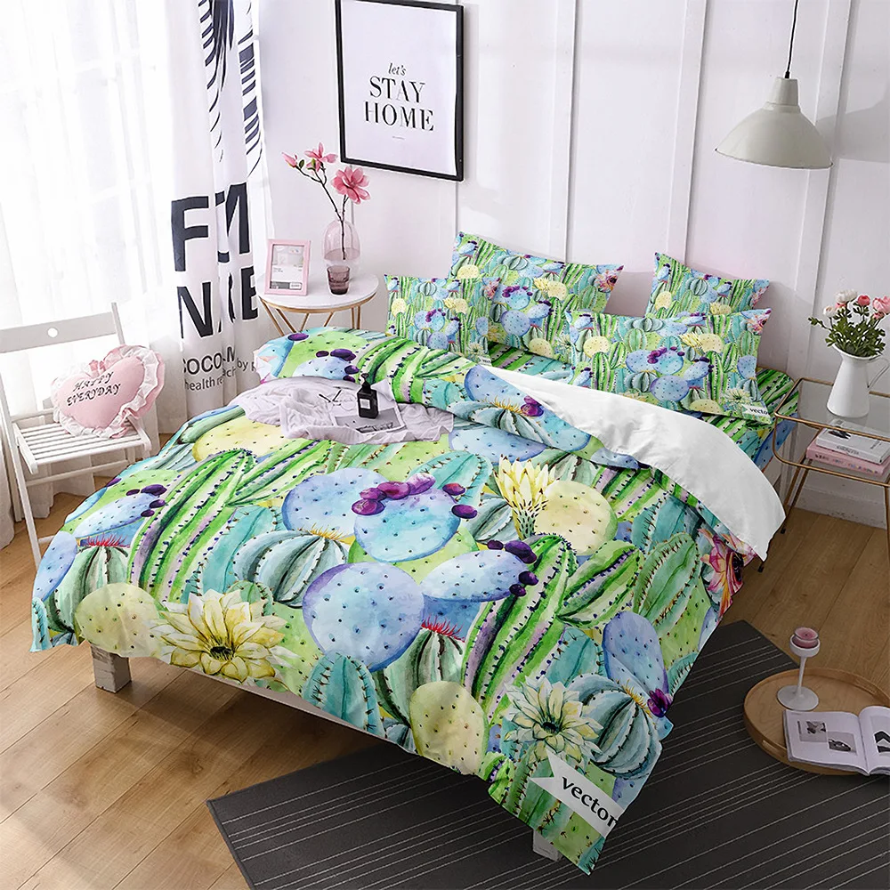 

Cactus Duvet Cover Set King Queen Size Tropical Botanical Garden Print Green Plant for Girls Boys Teen Polyester Bedding Set