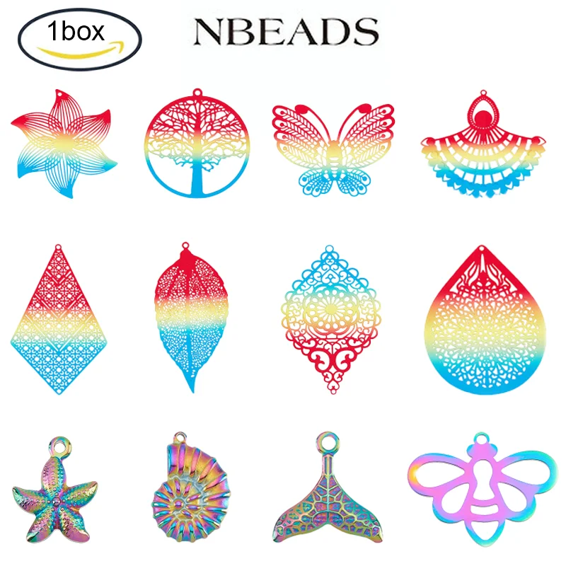 

1BOX Stainless Steel Pendants Polygon and Butterfly Charms Colorful Components Links Embellishments for DIY Craft Jewelry Making