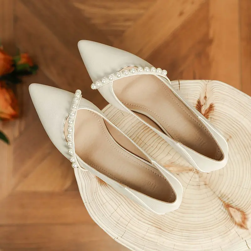 

Women's Summer Footwear White Shoes for Woman 2023 with Medium Heels Pearl Square Moccasins Y2k Non Slip Free Shipping 39 Spring