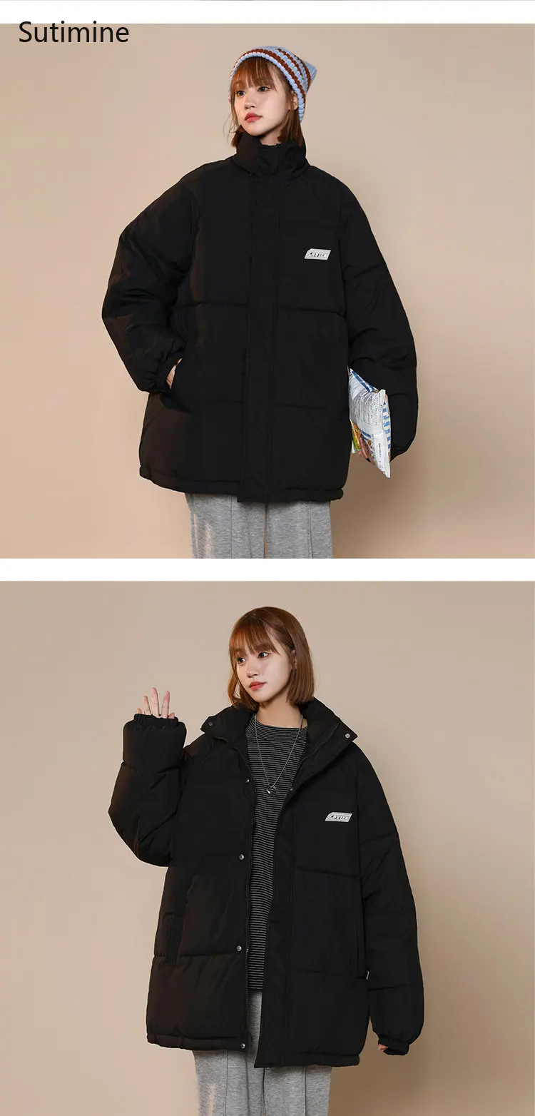 Winter Coat for Women Office Lady Black Solid Winter Loose Thickened Stand Collar Cotton Padded Jacket Zipper Winter Coat Women