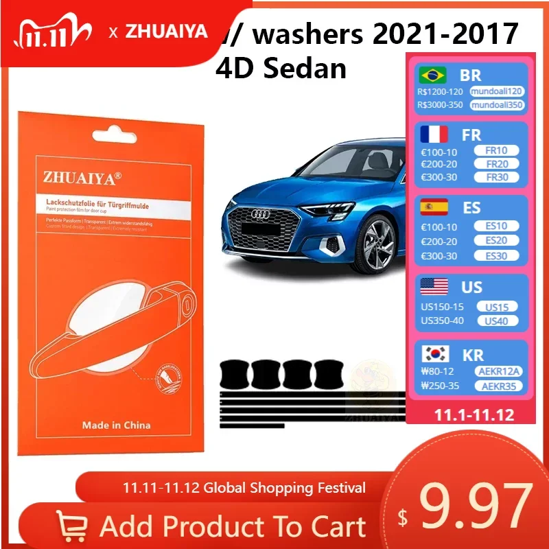 

Защитная пленка для красок дверной ручки, защитная пленка из ТПУ для Audi A3 w/шайбы 2021-2015 4D Седан, автомобильные аксессуары