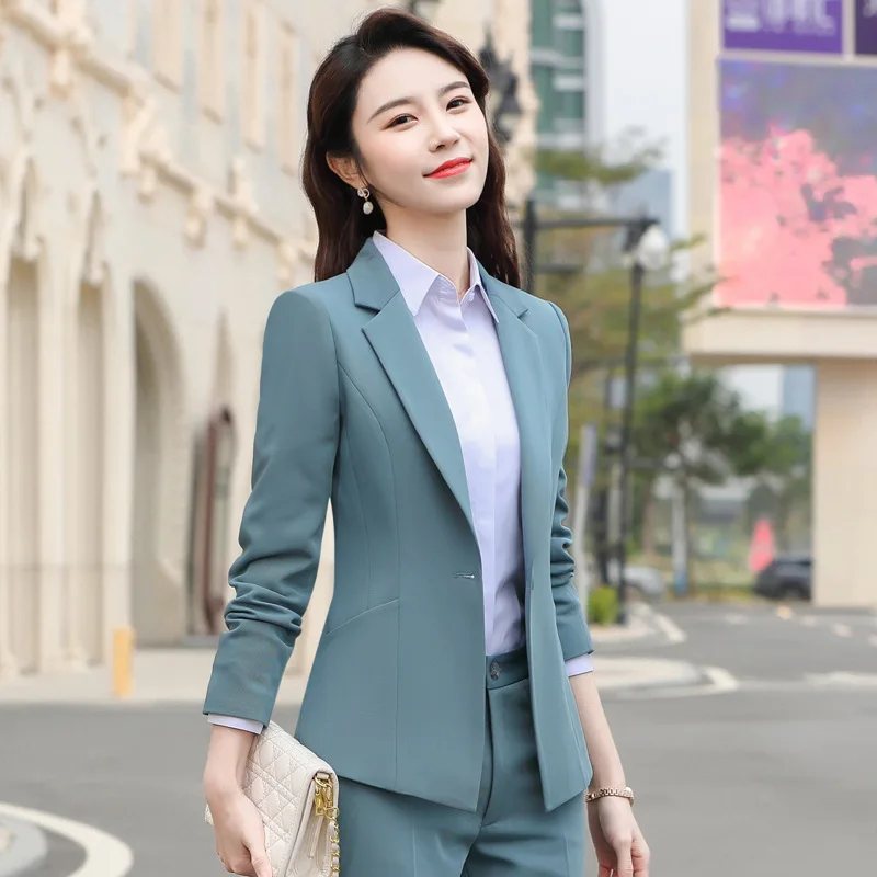 IZICFLY Autumn Spring Style Outfits For Women Work Wear Elegant Interview Business Ladies Office Pant Suits Two Piece Blue