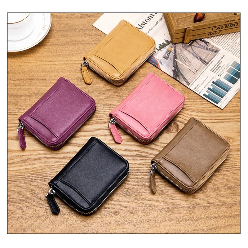 

New Genuine Leather Coin Purse Men Small Pocket RFID Blocking Business Card Holder Mini Women Elegant Wallet Zipper Clutch Bag