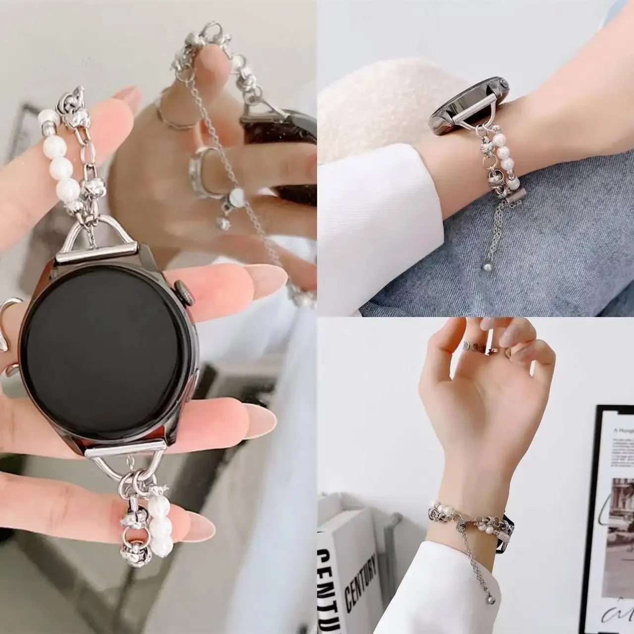 

Metal pearl chain is suitable for Huawei watch3/4pro watchband GT2 Samsung Galaxy watch3 5pro 45mm Honor magic2 42/46mm 20/22mm