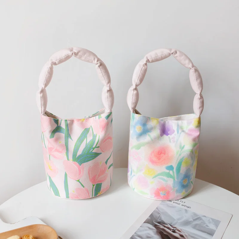 

New Style Polyester Farbic Bucket Bag for Women Fashion Simple Floral Pattern Handbag Underarm Shoulderbag Hand Carry Bags