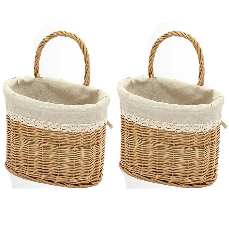 

2X Hanging Storage Basket Handmade Weave Wicker Organizer Picnic Bread Fruit Basket, Wall Basket For Home With Handle