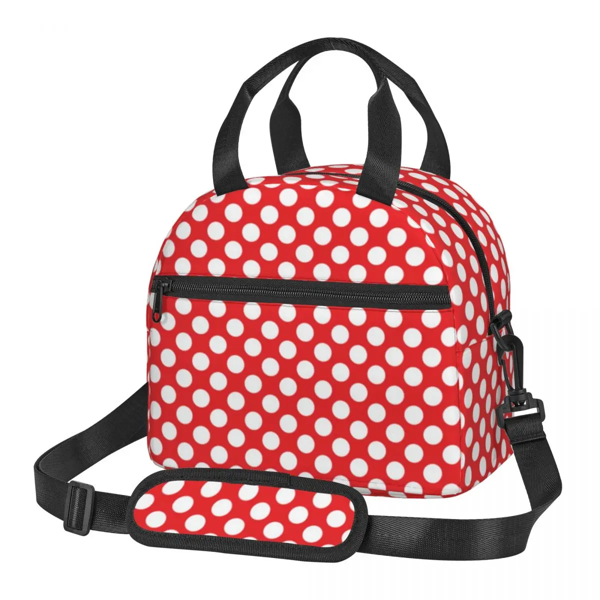 

Vintage 80S Lunch Bag with Handle Red and White Polka Dots Carry Cooler Bag Travel Fancy Meal Thermal Bag