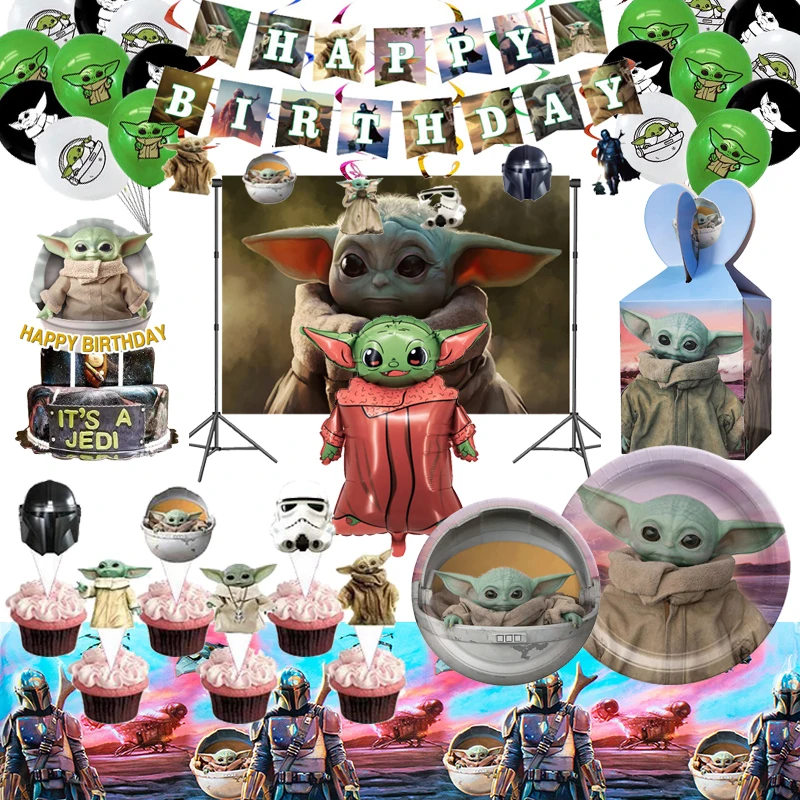 Star Wars Yoda Baby Party Decor Cartoon Disposable Tableware Grogu Theme Balloons Paper Plates Cup Birthday Baby Shower Supplies