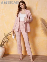 korean style 2 pieces sets notched collar roll tab sleeve grid blazer and shorts set ladies business elegant professsional suits