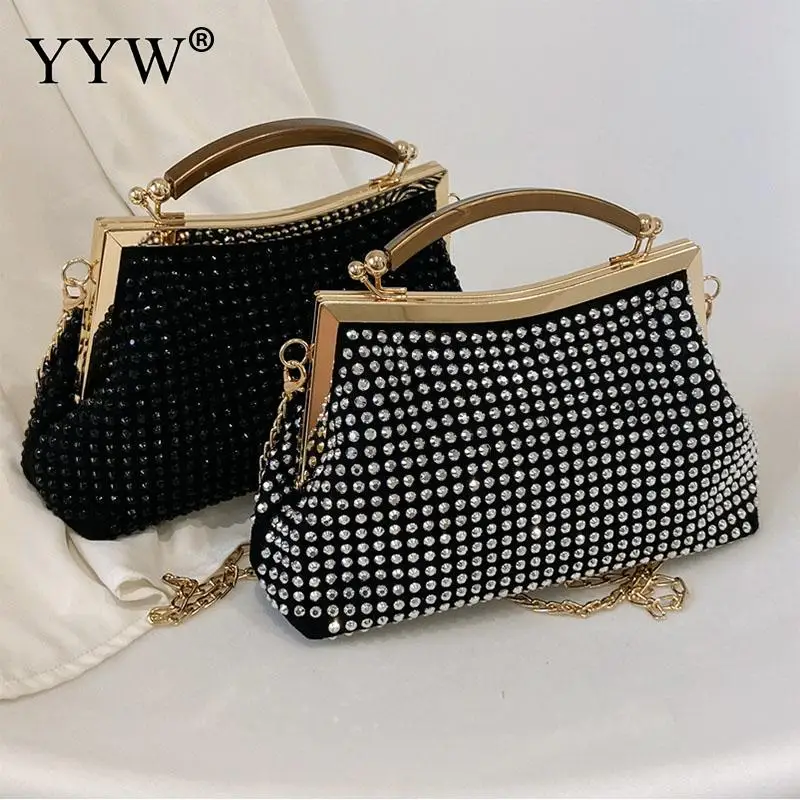 Fashion Diamond Beads Glitter Women Clutch Handbag Metal Top Handle Soft PU Leather Rhinestone Lady Chain Messenger Tote Purse