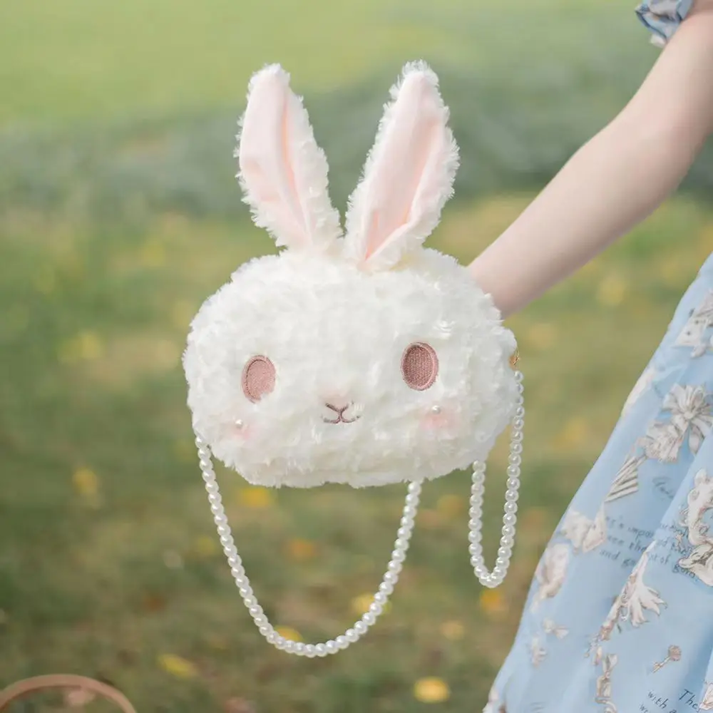 

White Rabbit Ear Lolita Shoulder Bag Crossbody Plush Cute JK For Women Girls Metal Pearl Chain