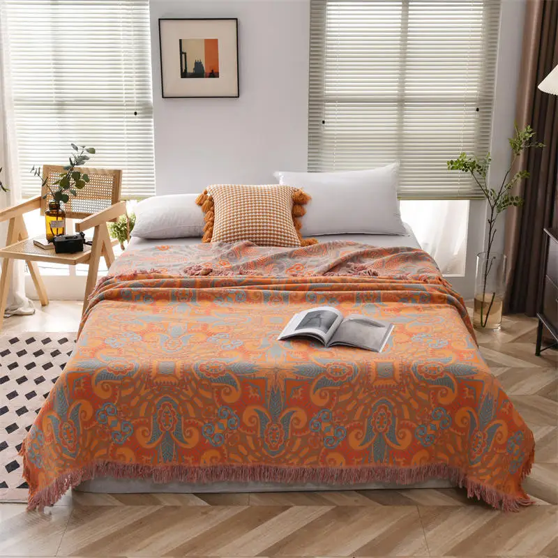 

Bonenjoy Gauze Blankets 100% Cotton Flower Print Bedspread Single Size Throw Blanket With Tassel for Summer Bohemia Sofa Towel
