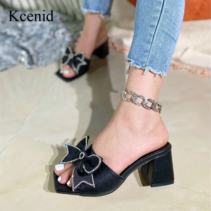 

Kcenid Slippers Women 2024 New Fashion Summer Sandals Crystal Butterfly Knot Square Toe Mules High Heels Ladies Slides Size35-42