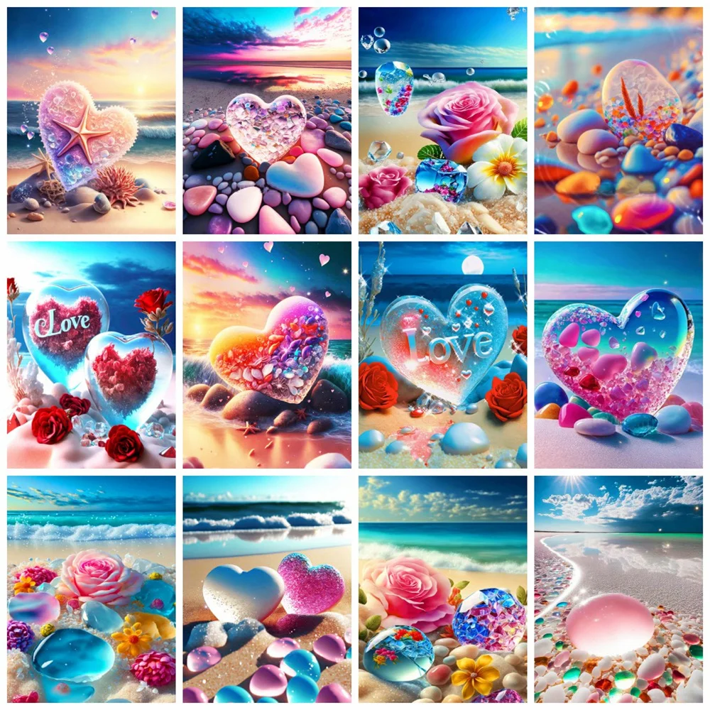 

Huacan Diamond Painting Embroidery Kit Heart Stone Seaside Home Decor Mosaic Cross Stitch Love Beach Scenery Crystal Picture