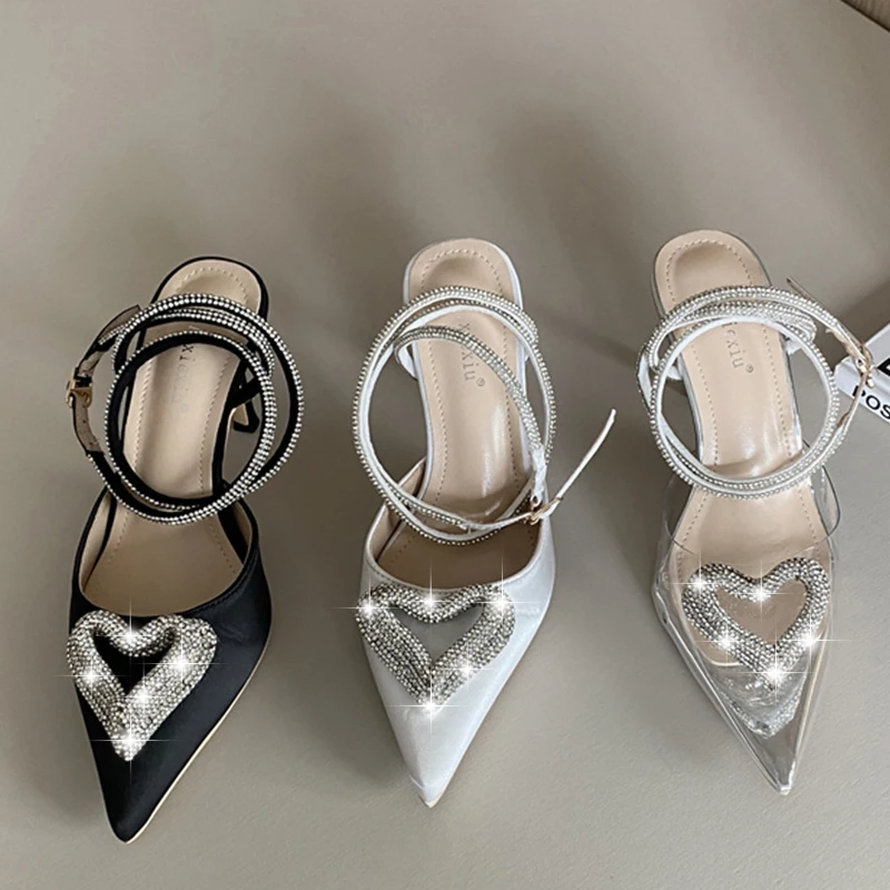 

Party Fashion Rhinestones Ladies High Heels Sandals Ankle Cross-tied Women Pumps Sandal Pointed Toe Female Casual Crystal Shoes