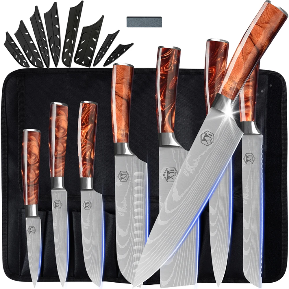 

XYj Stainless Steel 8 Pieces Kitchen Knives Set Damascus Pattern Chef Slicing Bread Santoku Utility Fruit Knife Kit Resin Handle