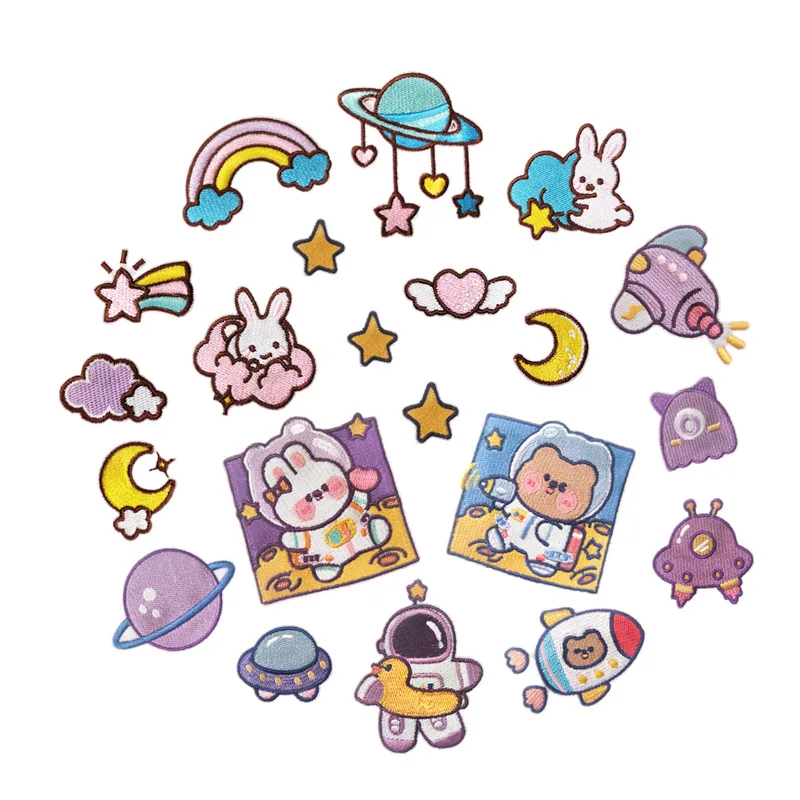 

Planet Astronaut Iron on Patches Embroidery Cartoon Moon Star Rainbow Stickers for Dress Shirts Bags Sewing Appliqued Badge