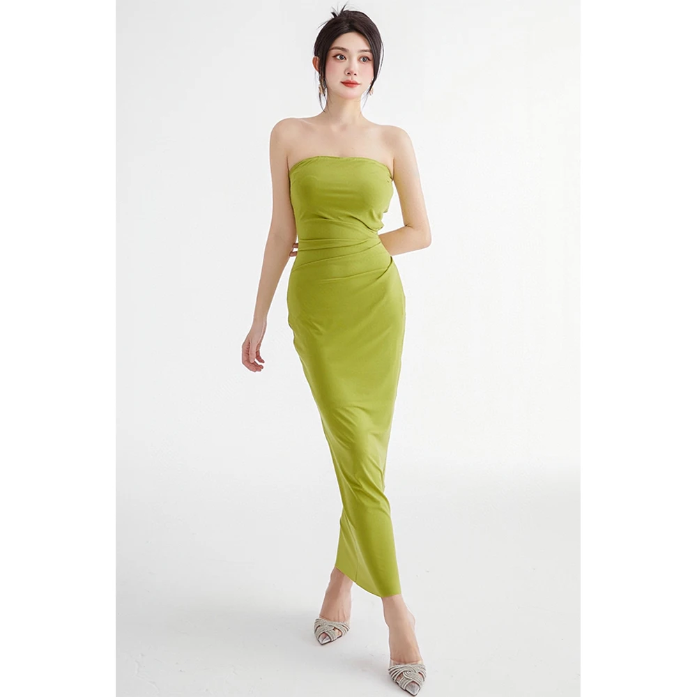 

2023 New Korean niche minimalist solid colour anti-slip strip pleats Slim package hip thin goddess sexy bustier long dress
