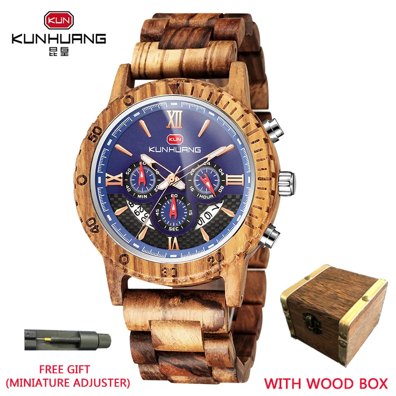 

KUNHUANG Men's Wooden Quartz Watch Multifunction Dial Luxury Wooden Gift Box Chronograph Zebra Wood Watch Relogio Masculino