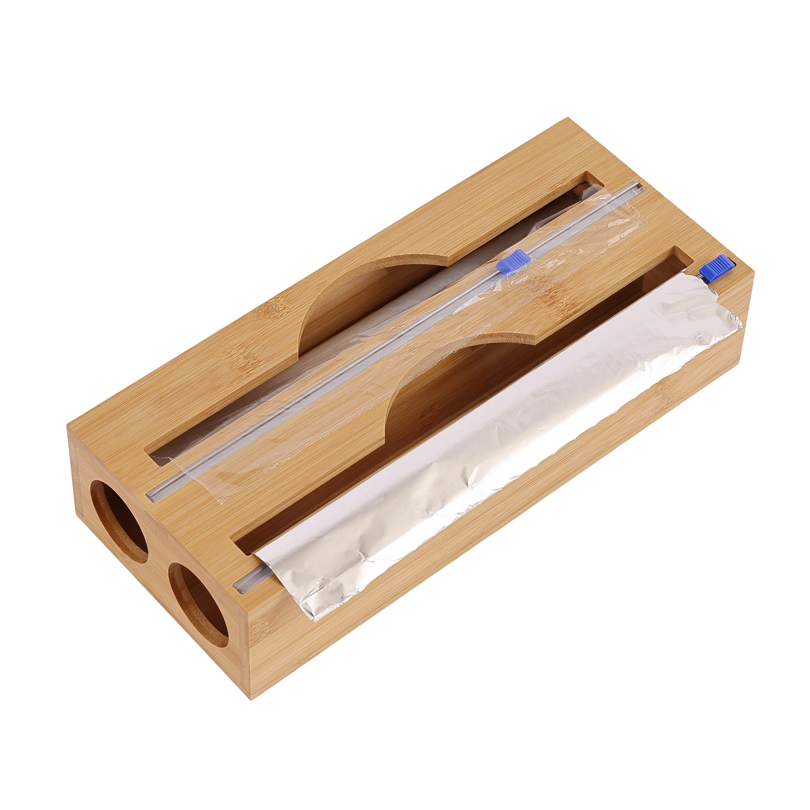 

Bamboo Wood Cling Film Dispenser for Kitchen Storage Organizer Useful Goods Plastic Holder Aluminum And Film Cling with Cutter