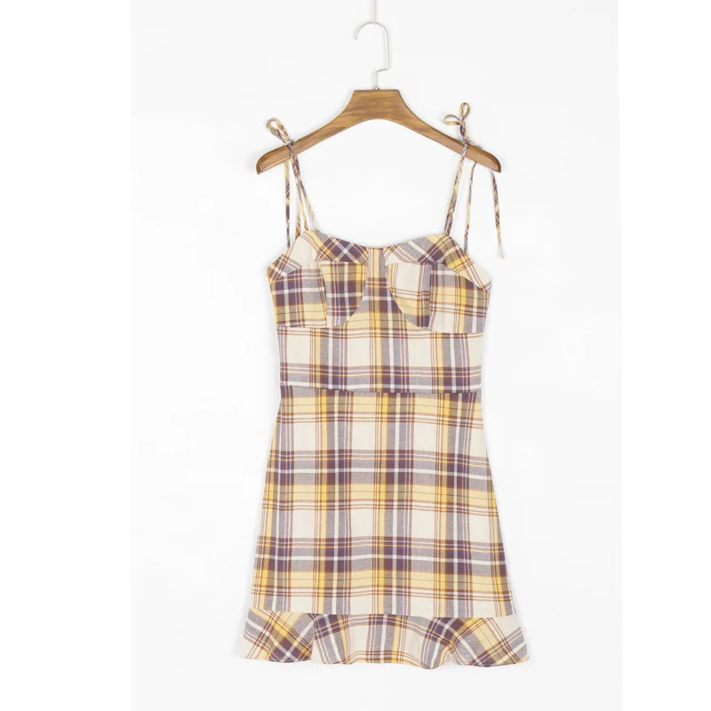 

Summer women's casual plaid slim suspender dress