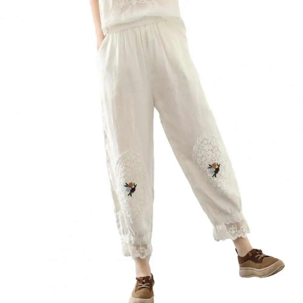 

Women Summer Pants Lace Patchwork Flower Embroidery Plus Size Hollow Out Daily Wear High Waist Pleated Elastic Waist Retro Ninth
