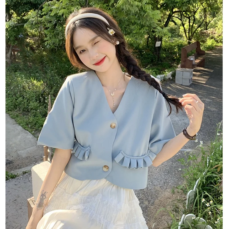 

Женский пиджак с коротким рукавом и V-образным вырезом в Корейском стиле