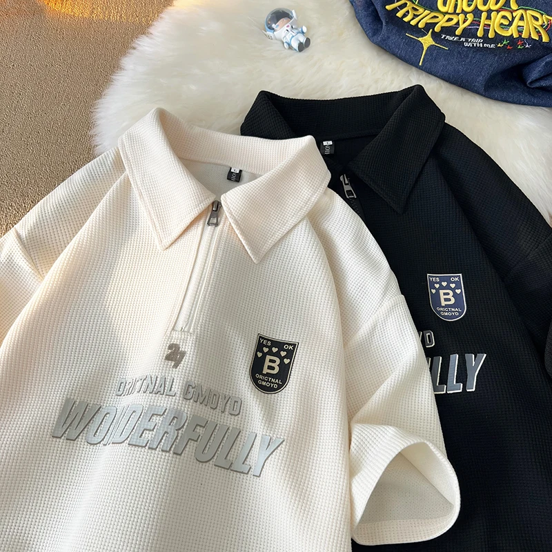 

Футболка мужская вафельная, спортивная рубашка с графическим принтом, на молнии, с отложным воротником, с короткими рукавами, в Корейском ст...