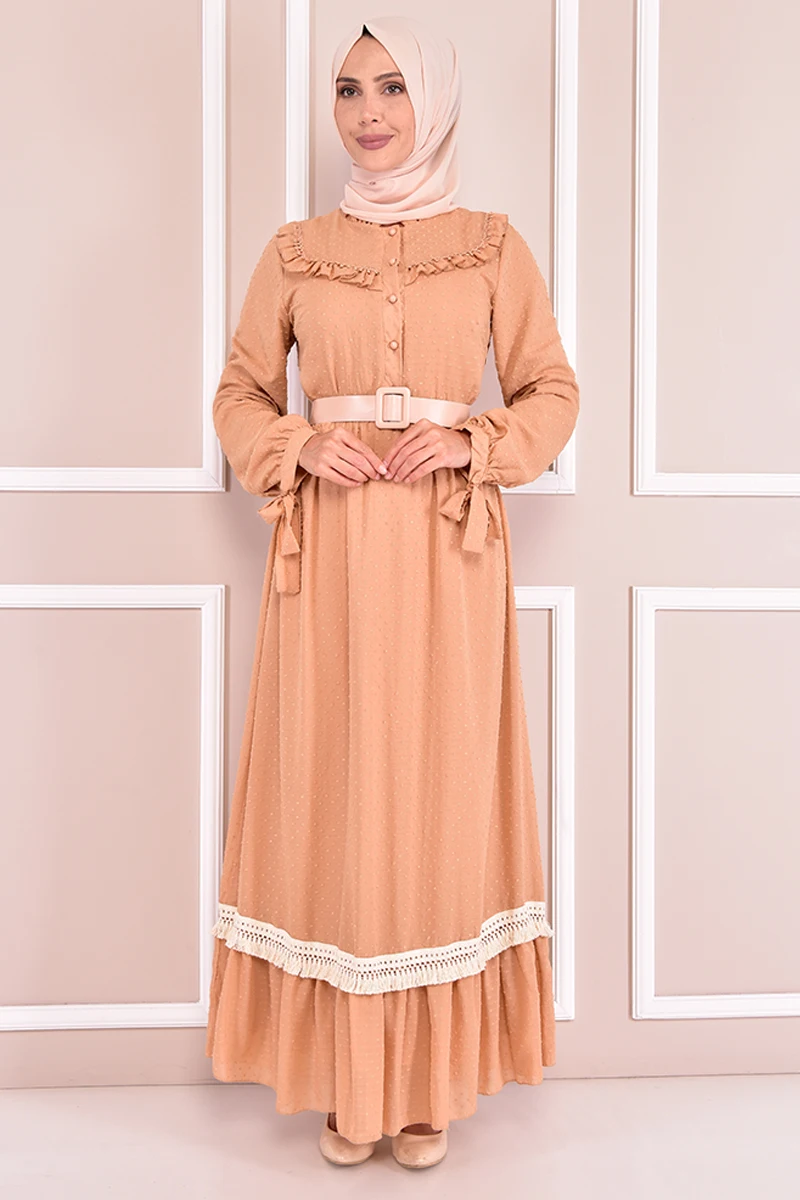 

Belt Dress Beige Muslim Woman Outfit İslamic Woman Abaya Dress Muslim Tops Turkey Store Muslim Hijab Dress NEV14610