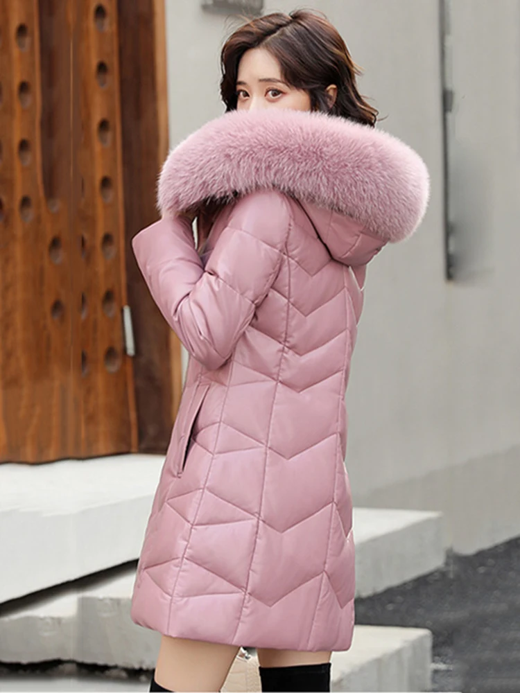 New Women Leather Down Coat Elegant Fashion Hooded Real Fox Fur Collar Thicken Warm Slim White Duck Down Sheepskin Outerwear