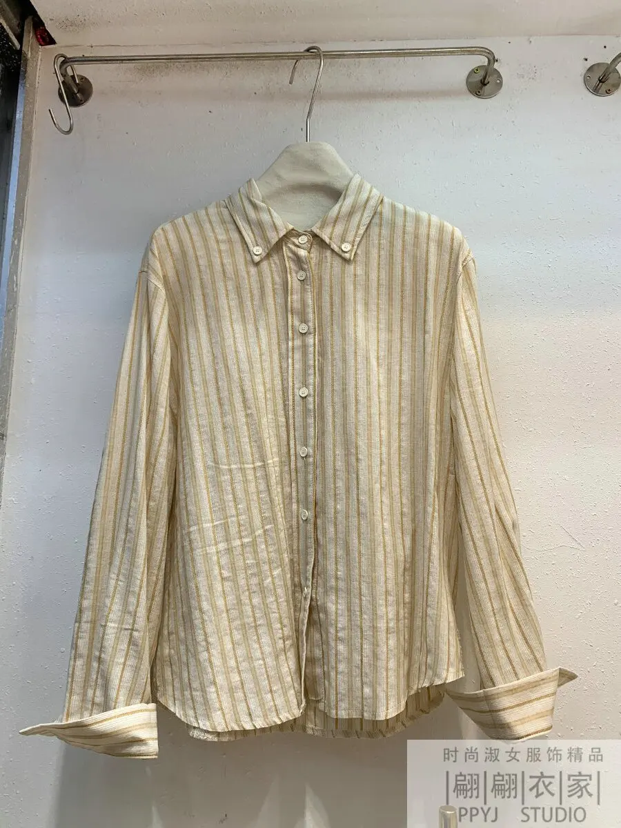 Loose All-Matching Stripe Lapel Shirts Top Women Korean Series Idle Sle Unique Chic Button Contrast Color Long sleeve Shirt