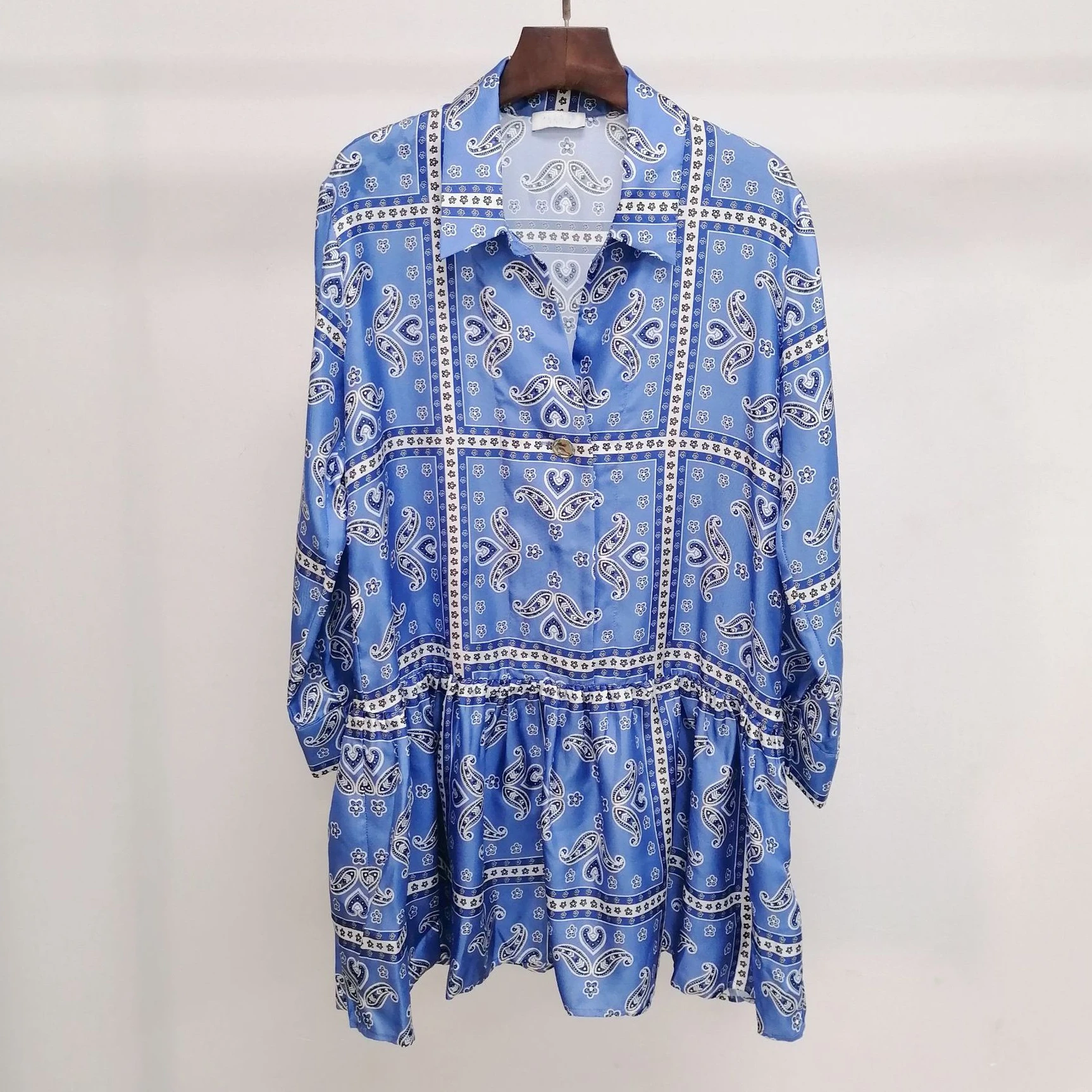 

Popular 2022 Summer Dress Retro Blue Lapel National Style Micro Pleated Skirt One Button Comfortable Elegant Long Sleeve Dress
