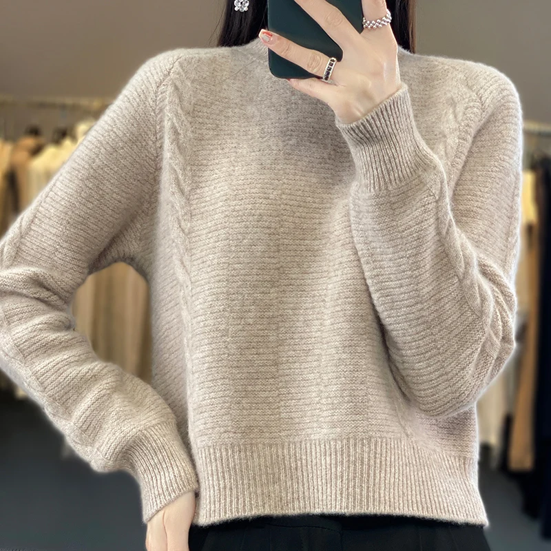 

Новинка, Женский вязаный пуловер с коротким рукавом реглан и высоким воротом, 100% мериносовая шерсть, повседневный Однотонный свитер