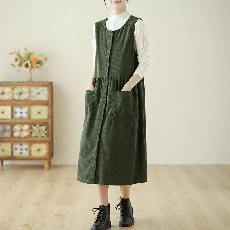 # 6917 осенне-зимнее платье-майка без рукавов женское однобортное платье с круглым